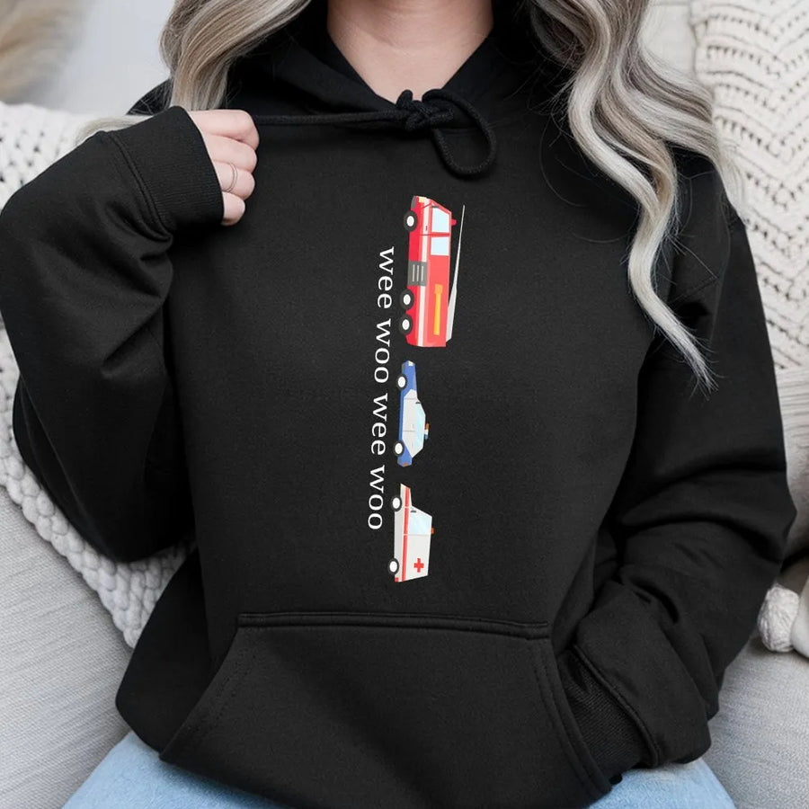 Funny Wee Woo Hoodie | Emergency Vehicle Graphic Sweatshirt | Premium Cotton-Blend | Gift for 911 Dispatcher, EMT, First Responder