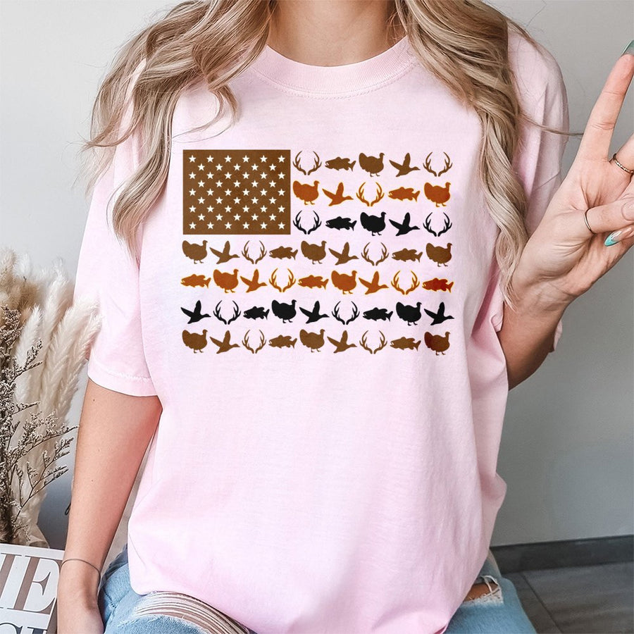 American Flag Hunting T-Shirt | Deer Duck Fish Silhouette Graphic | 100% Cotton Premium Quality | Patriotic Gift for Outdoorsman and Hunter
