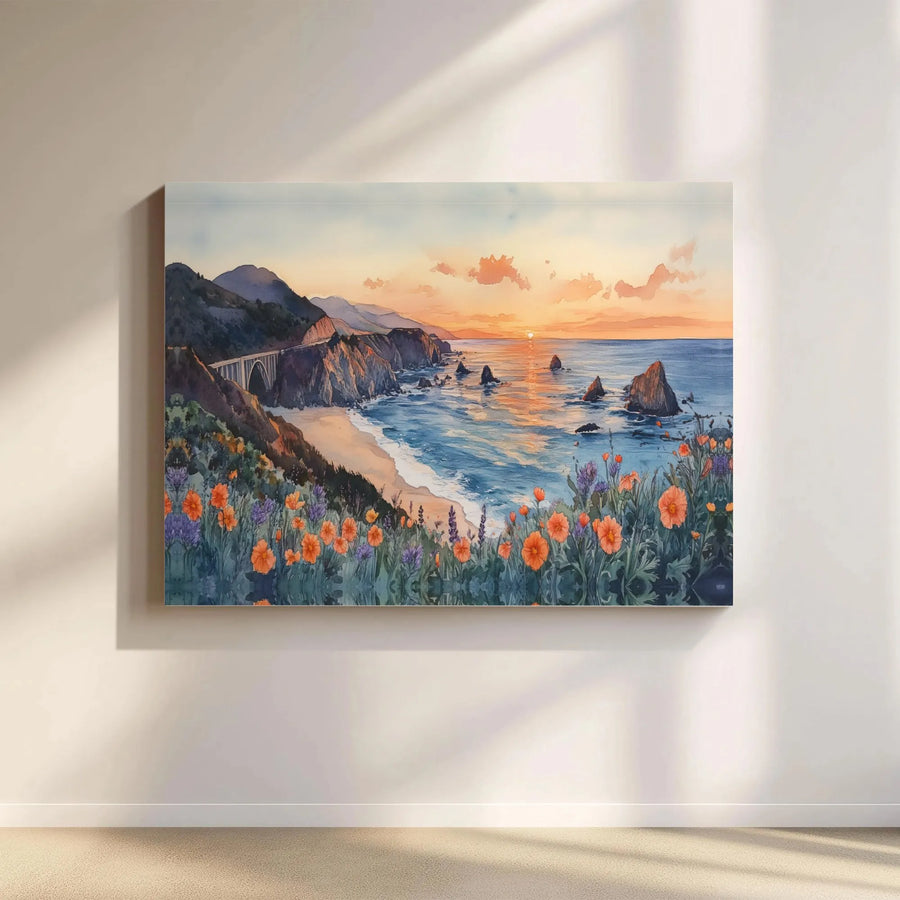 Big Sur California Coast Canvas Wall Art | Bixby Bridge Sunset Watercolor Print | Premium Gallery Wrap 1.25" Profile | Coastal Home Decor Gift