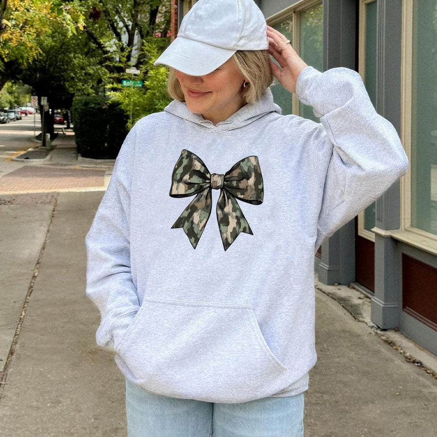Camo Bow Hoodie | Cute Camouflage Aesthetic Graphic | Premium Cotton Blend | Country Girl Gift For Fall & Winter