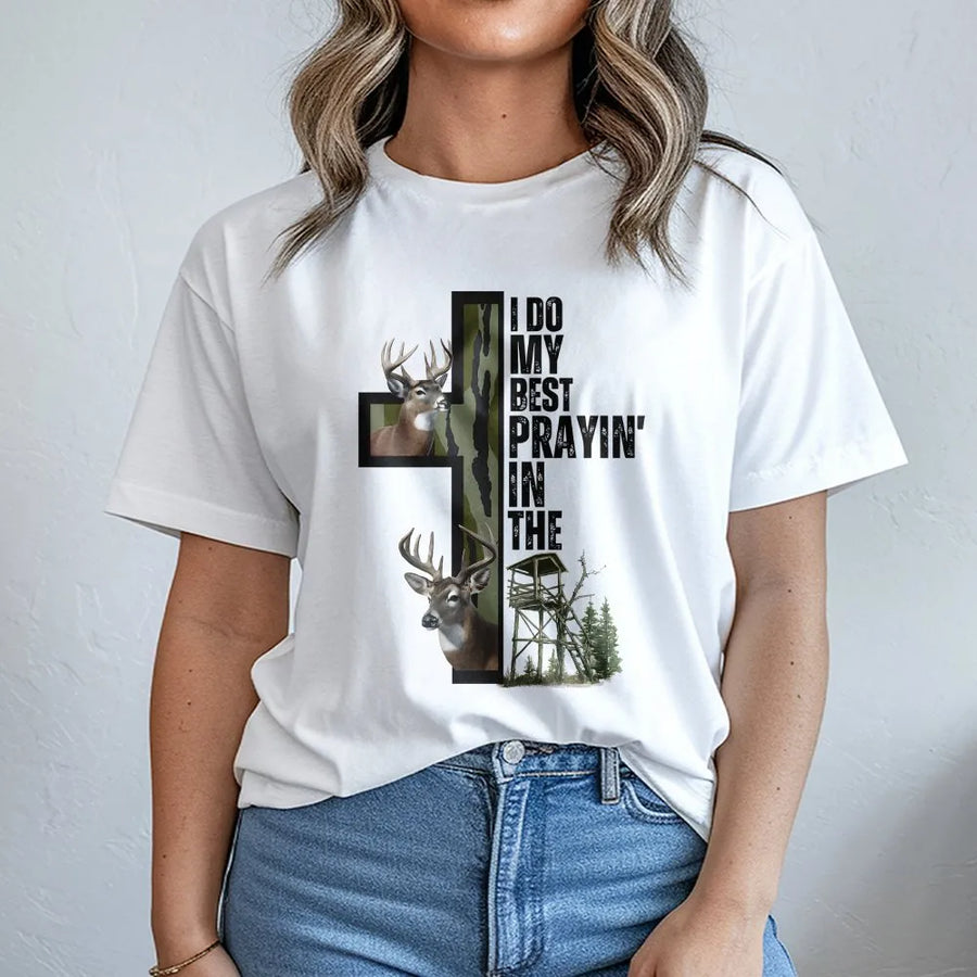 I Do My Best Prayin In The Deer Stand T-Shirt | Christian Hunting Cross Graphic | Premium Cotton Unisex Tee | Faith Based Outdoorsman Gift