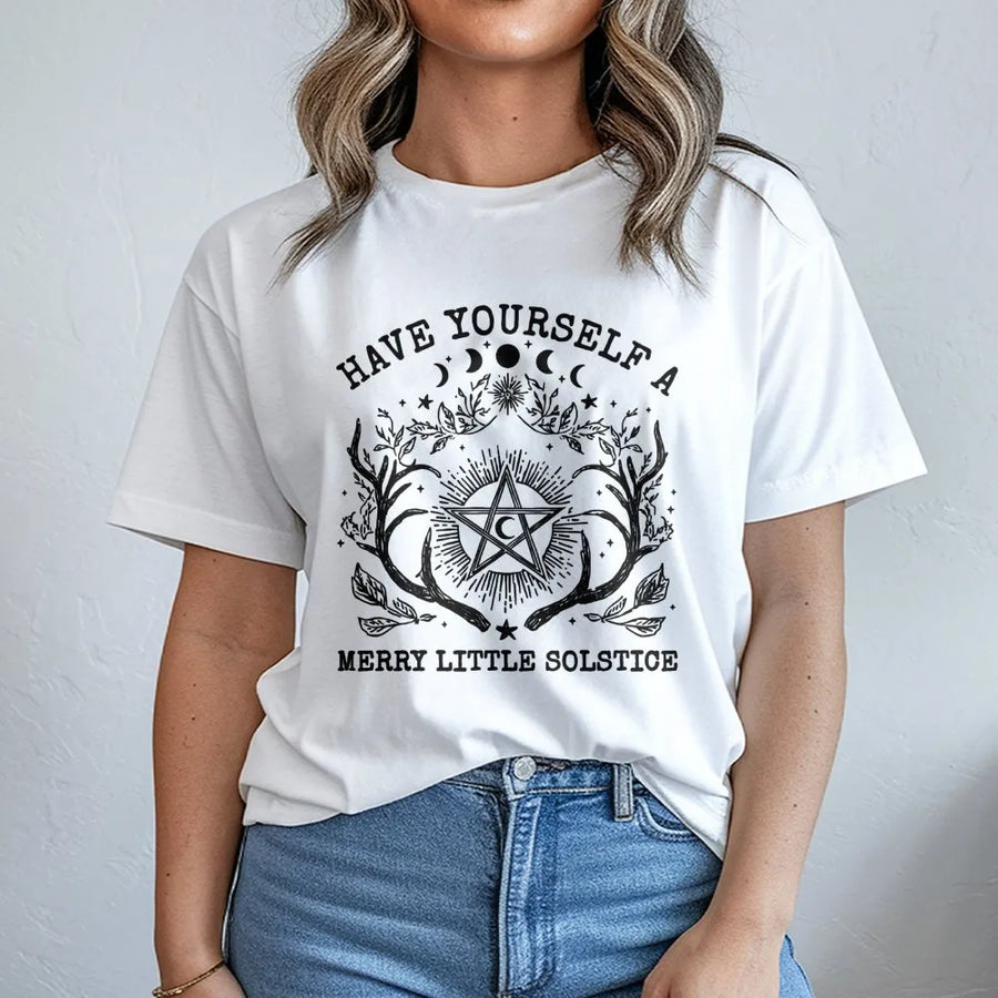 Merry Little Solstice T-Shirt | Witchy Pentagram & Moon Phase Graphic | Premium Soft Cotton | Boho Pagan Christmas Gift for Women