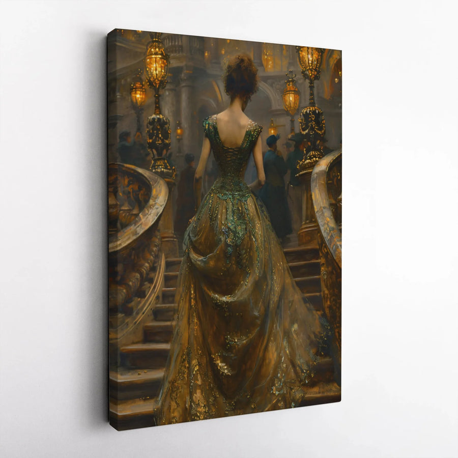 Victorian Woman Wall Art | Elegant Green and Gold Ball Gown on Staircase | Premium Gallery Canvas | Luxury Home Decor Gift for Art Lovers