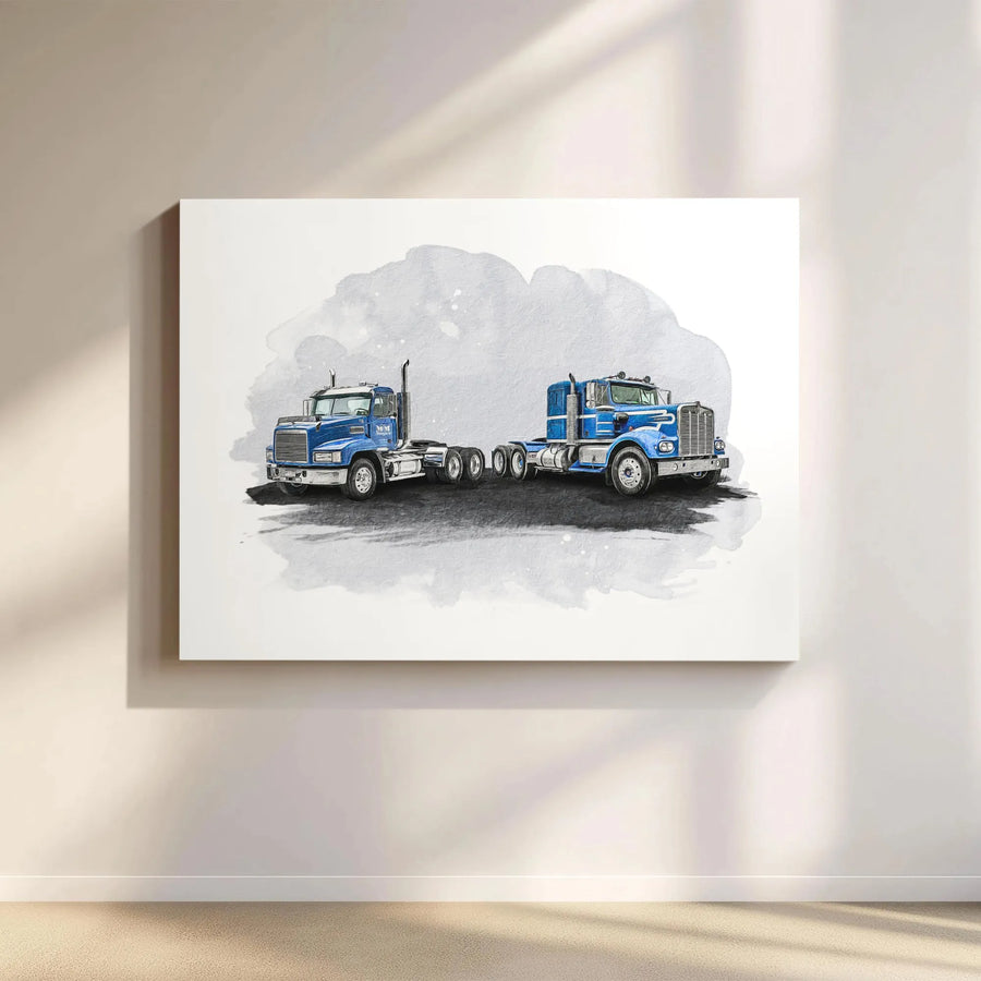 Semi Truck Wall Art | Watercolor Blue Truck Illustration | Premium Gallery Wrapped Canvas | Gift for Truck Driver or Big Rig Enthusiast