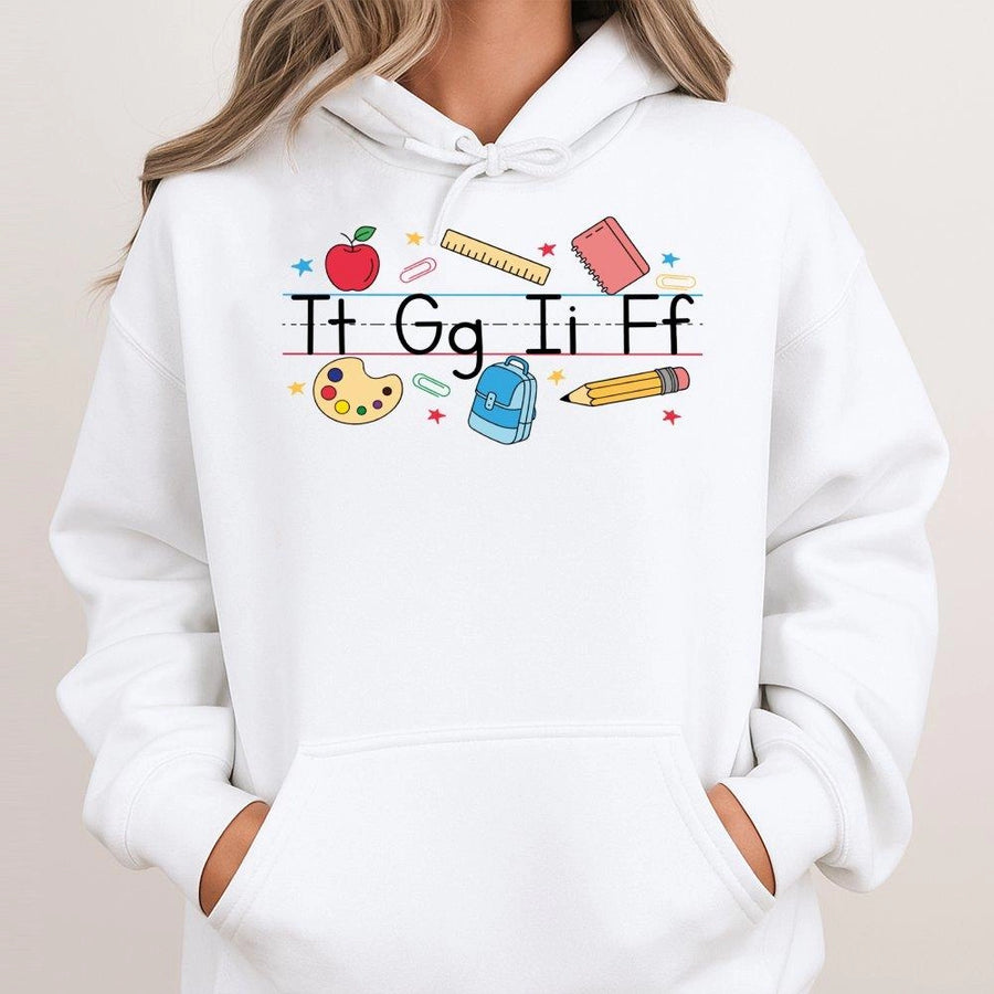 Back To School Teacher Hoodie | Alphabet & Supplies Graphic Design | Premium Cotton-Blend Fleece | Gift For Elementary School Teachers