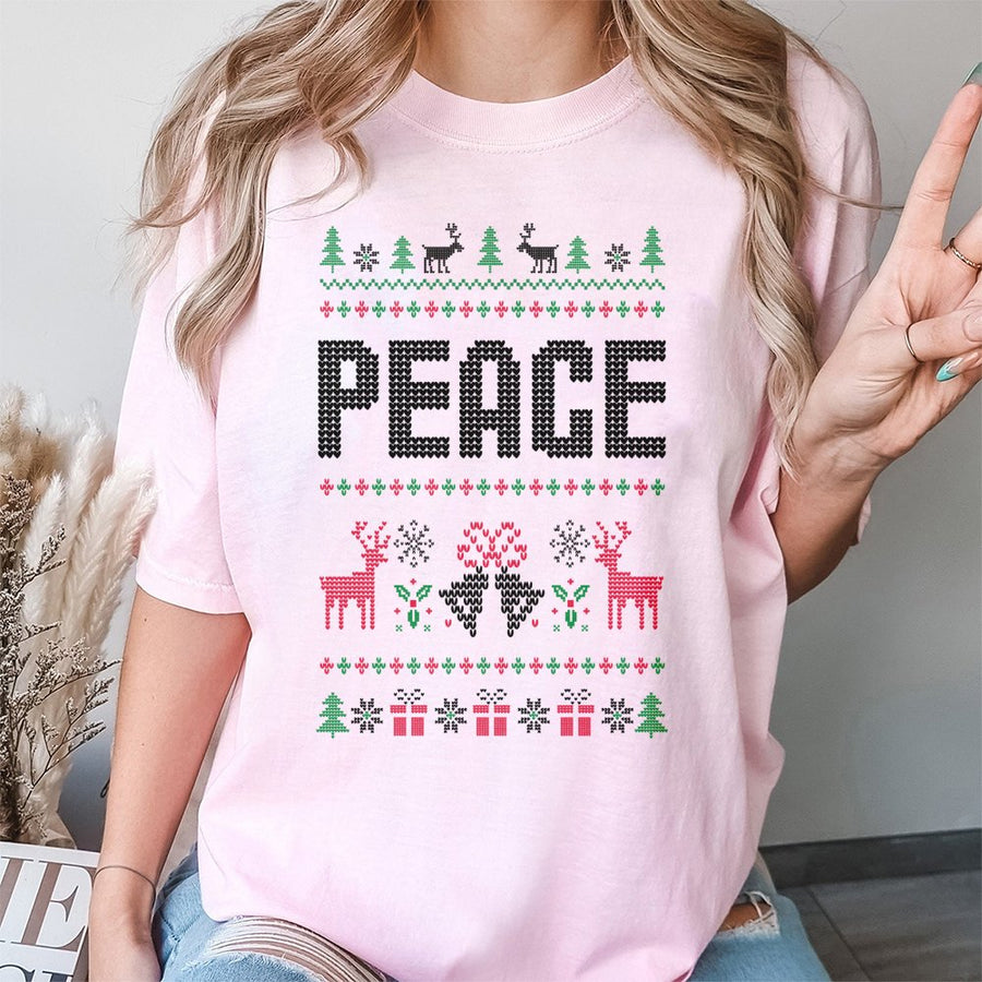 Peace Ugly Christmas T-Shirt | Festive Reindeer & Snowflake Graphic | Premium Soft Cotton | Unisex Holiday Gift For Couples