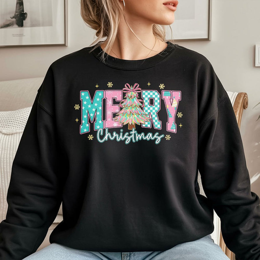 Merry Christmas Sweatshirt | Pastel Checkered Tree Graphic | Premium Cotton Blend | Cute Aesthetic Holiday Gift for Women