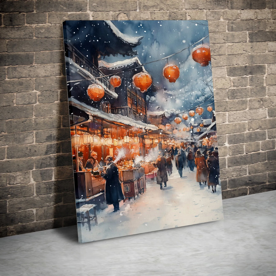 Asian Winter Street Market Canvas | Watercolor Snow Scene with Lanterns | Premium Gallery Wrapped Art | Cozy Home Decor Gift