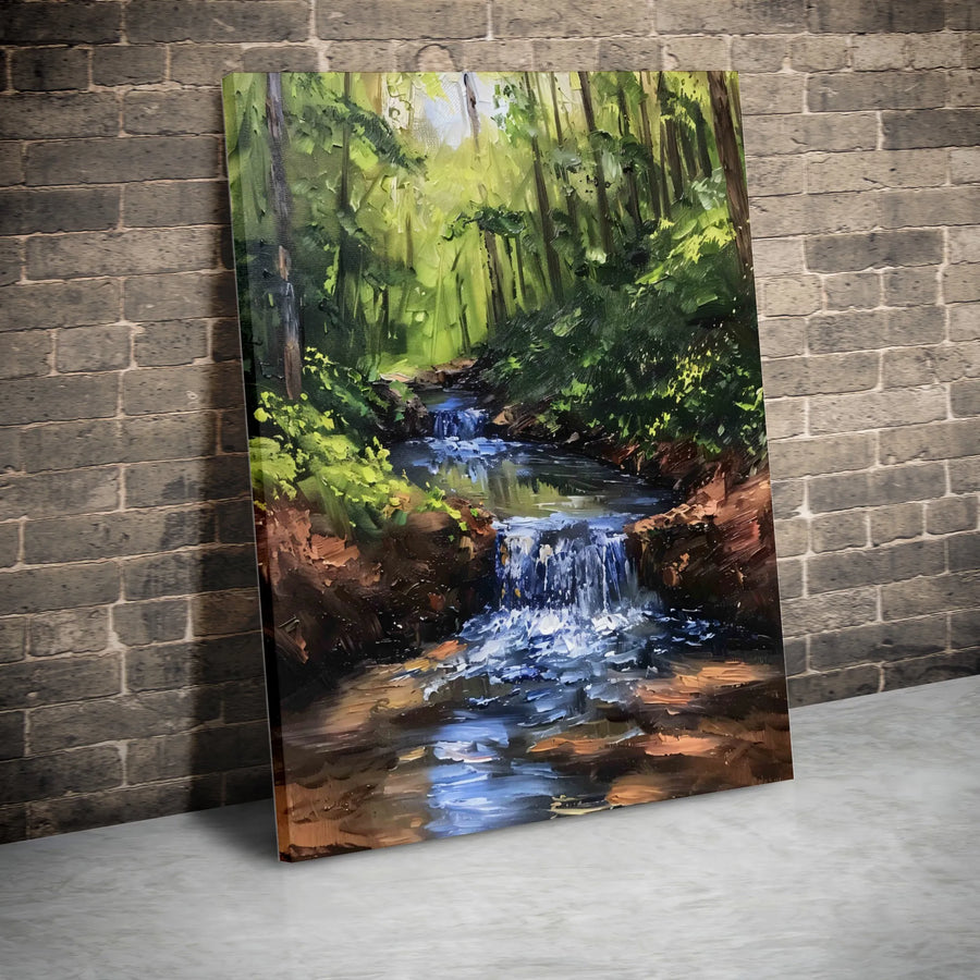 Forest Waterfall Canvas Wall Art | Impasto Oil Painting Style Print | Premium Gallery-Wrapped Decor | Nature Landscape Gift for Home