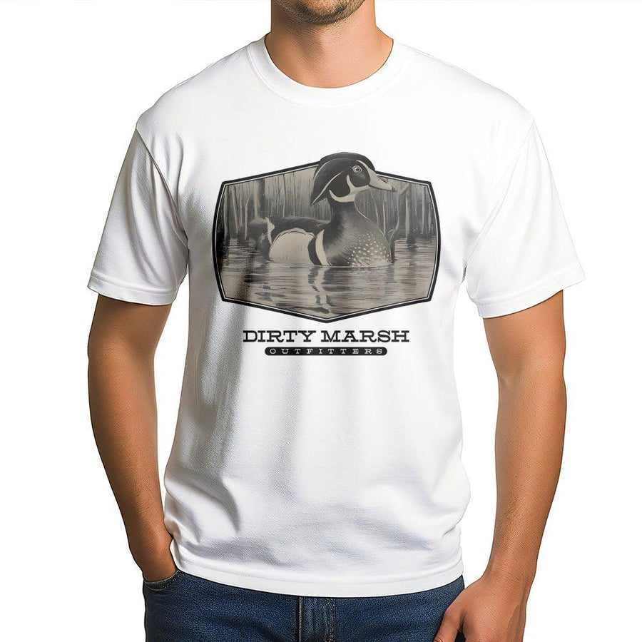 Wood Duck Graphic T-Shirt | Vintage Swamp Wildlife Illustration | Premium 100% Cotton Tee | Gift for Waterfowl Hunters and Outdoorsmen