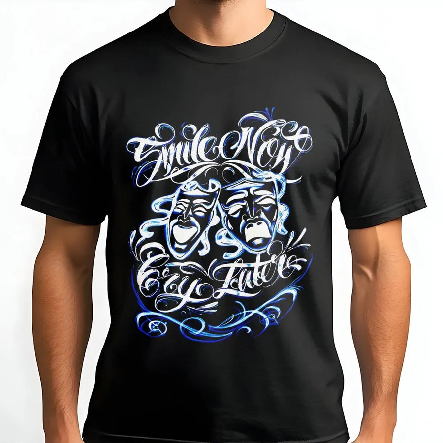 Smile Now Cry Later Graphic T-Shirt | Chicano Style Airbrush Art | Premium Cotton Streetwear | Unisex Urban Aesthetic Gift