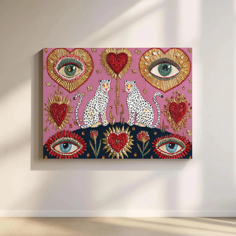 Leopard Wall Art | Sacred Heart Evil Eye Folk Art Canvas | Premium Gallery-Wrapped Print | Boho Spiritual Home Decor Gift