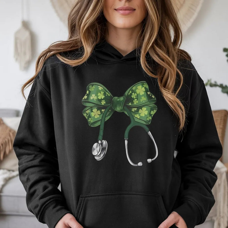 St. Patrick's Day Nurse Hoodie | Coquette Shamrock Bow Stethoscope Graphic | Premium Cotton Blend Sweatshirt | Lucky Irish Gift for Healthcare Workers