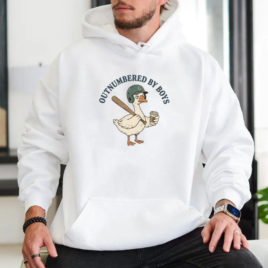 Boy Mom Hoodie | Outnumbered By Boys Funny Goose Graphic | Cozy Cotton Blend Pullover | Gift for Baseball Mom