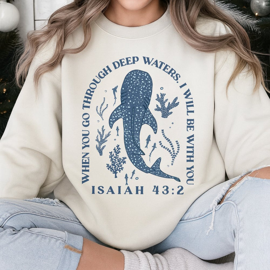 Whale Shark Sweatshirt | Isaiah 43:2 Bible Verse Graphic | Premium Cotton Blend | Christian Faith Gift for Ocean Lovers