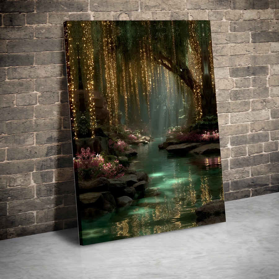 Enchanted Forest Canvas Print | Glowing Fairy Light River Landscape | Premium Fade-Resistant Wall Art | Magical Nature Decor Gift for Home