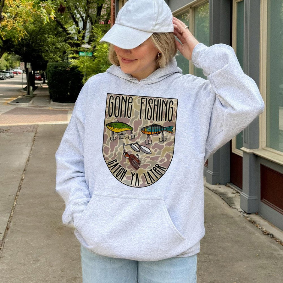 Gone Fishing Hoodie | Camo Fishing Lure Graphic Print | Premium Cotton Blend Sweatshirt | Southern Style Gift for Fishermen and Outdoor Lovers