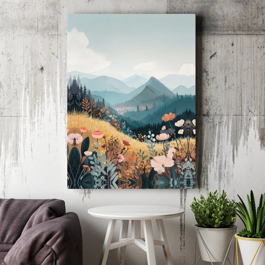 Wildflower Mountain Landscape Canvas Art | Boho Meadow Floral Wall Decor | Premium Fade-Resistant Gallery Wrap | Nature-Inspired Home Gift
