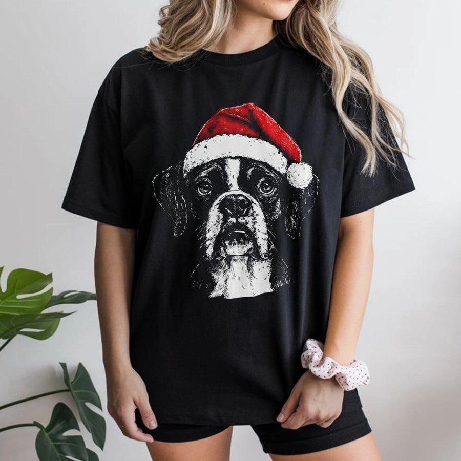 Boxer Dog Christmas T-Shirt | Festive Santa Hat Graphic Illustration | Premium Soft Cotton Blend | Holiday Gift For Dog Lovers & Pet Owners