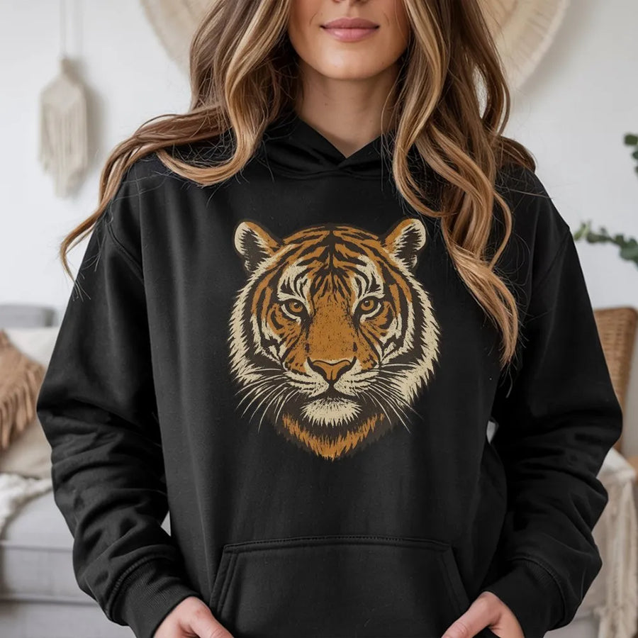 Vintage Tiger Hoodie | Retro 90s Graphic Wild Cat Face | Premium Cotton Blend | Jungle Animal Lover Gift