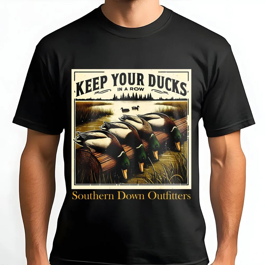 Duck Hunting T-Shirt | Keep Your Ducks In A Row Nature Graphic | Premium Soft Cotton | Outdoor Wildlife Gift For Men & Hunters