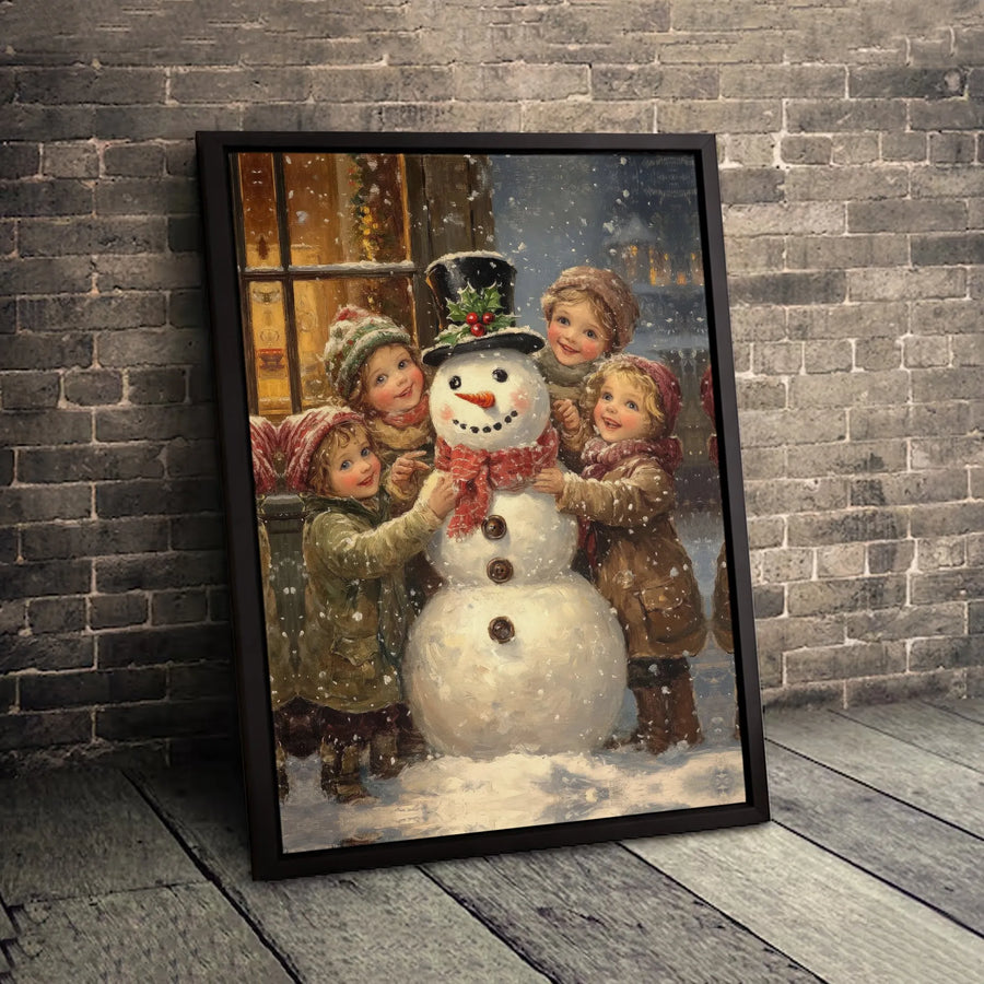 Vintage Christmas Wall Art | Victorian Children Building A Snowman | Premium Gallery Wrapped Canvas Print | Nostalgic Holiday Home Decor Gift