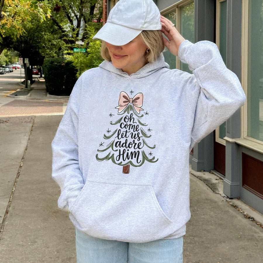 Oh Come Let Us Adore Him Hoodie | Aesthetic Christmas Tree Bow Design | Premium Cotton-Poly Blend | Religious Christian Christmas Gift For Her