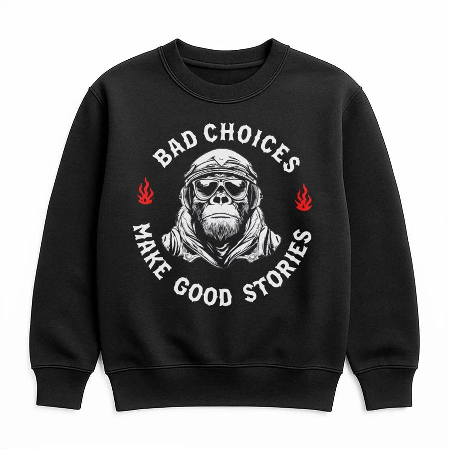 Bad Choices Make Good Stories Sweatshirt | Funny Retro Biker Monkey Graphic | Premium Cotton Blend Crewneck | Unisex Gift For Adventure Lovers