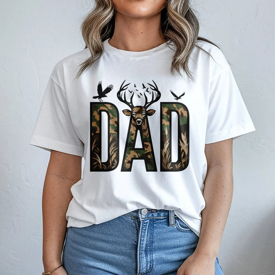 Camo Dad T-Shirt | Hunting Deer Graphic Tee | Premium Cotton Shirt | Father's Day Gift for Hunter Dad
