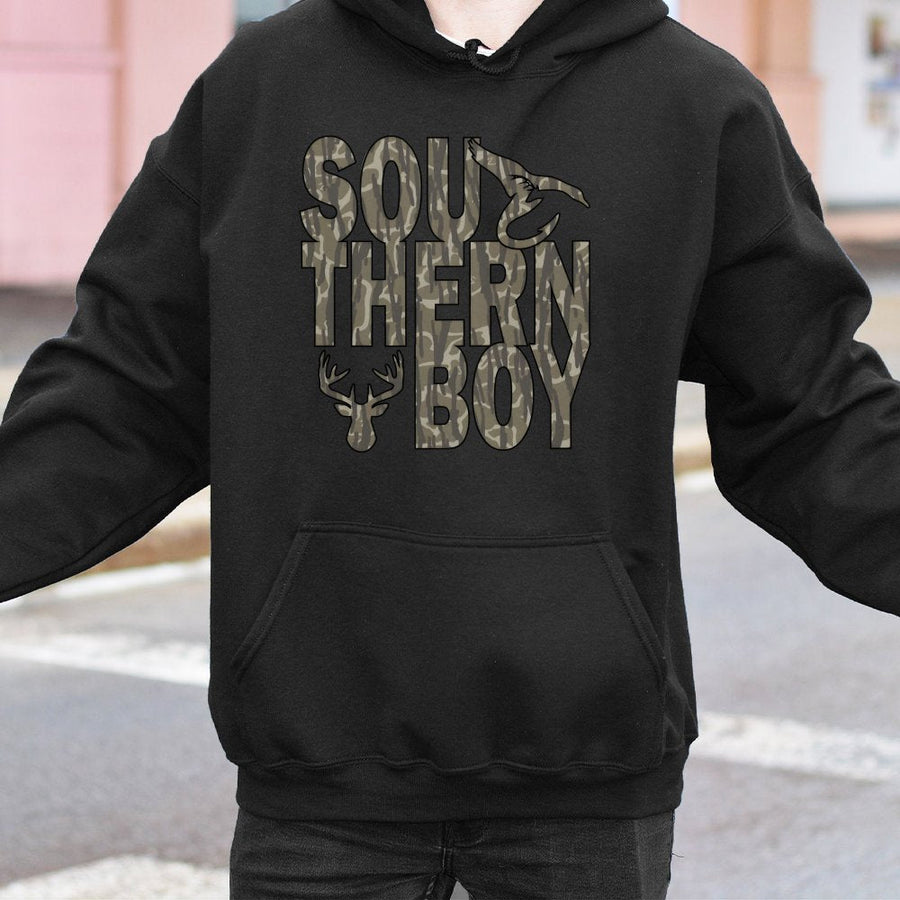 Southern Boy Hoodie | Camo Deer Antler Hunting Graphic | Premium Cotton Blend | Gift for Country Men & Outdoor Lovers