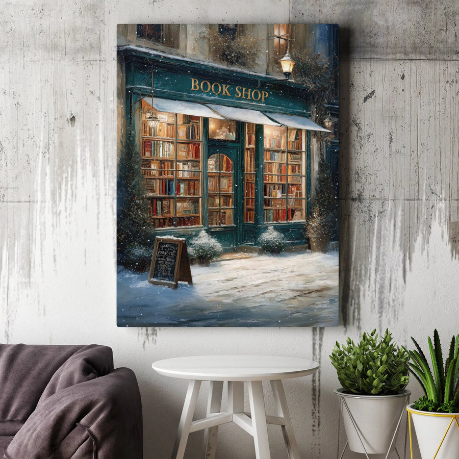 Cozy Book Shop Canvas Wall Art | Snowy Winter Street Scene Print | Premium Gallery Wrap Decor | Gift for Readers & Book Lovers