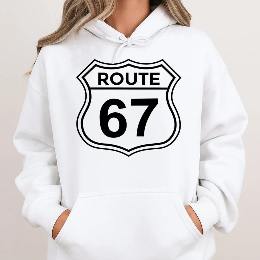 Route 67 Hoodie | Road Trip Sign Graphic Sweatshirt | Premium Cotton Blend Pullover | Travel Lover Gift for Men and Women