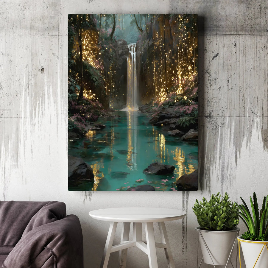 Enchanted Forest Waterfall Canvas | Magical Fairy Light Landscape Wall Art | Gallery Quality Premium Print | Whimsical Nature Home Decor Gift