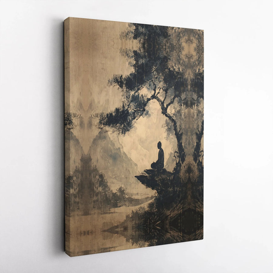 Meditating Buddha Canvas Wall Art | Zen Mountain Landscape Print | Premium Gallery Wrapped Decor | Spiritual Mindfulness Gift for Home Office