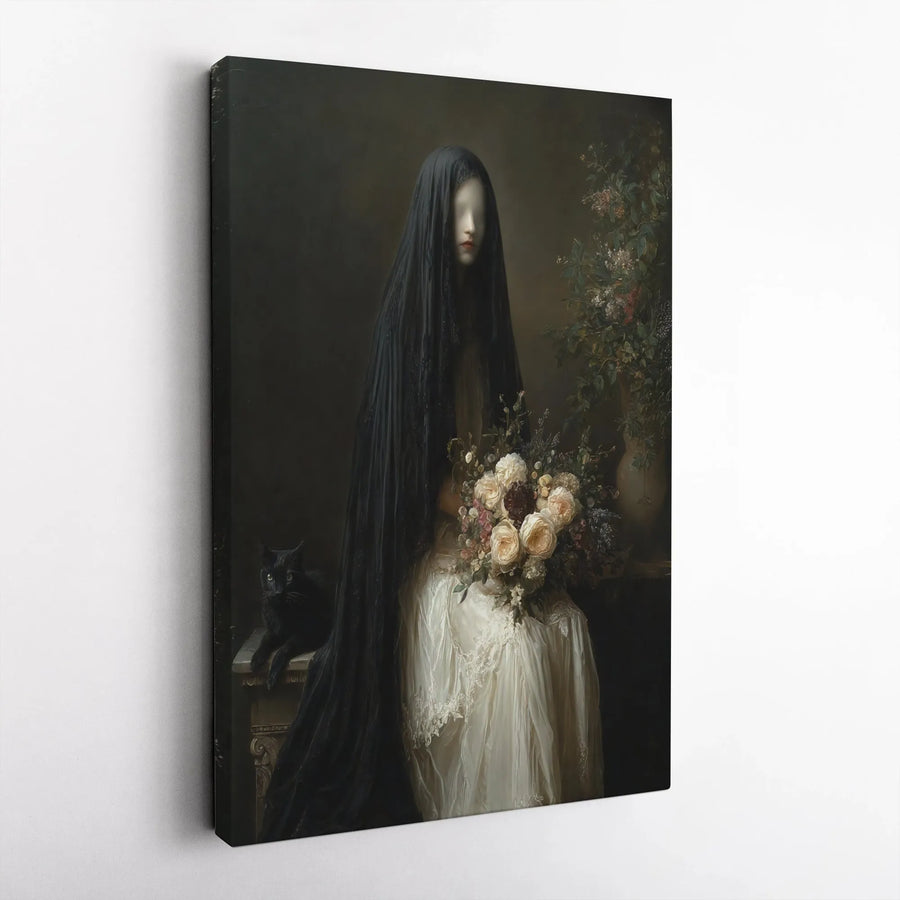 Gothic Veiled Woman Canvas Wall Art | Dark Victorian Portrait with Black Cat | Premium Fade-Resistant Gallery Print | Spooky Home Decor Gift