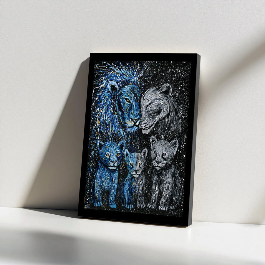 Lion Family Canvas Print | Abstract Blue Splatter Wildlife Art | 1.25” Gallery Wrap Decor | Premium Nursery or Living Room Wall Art Gift