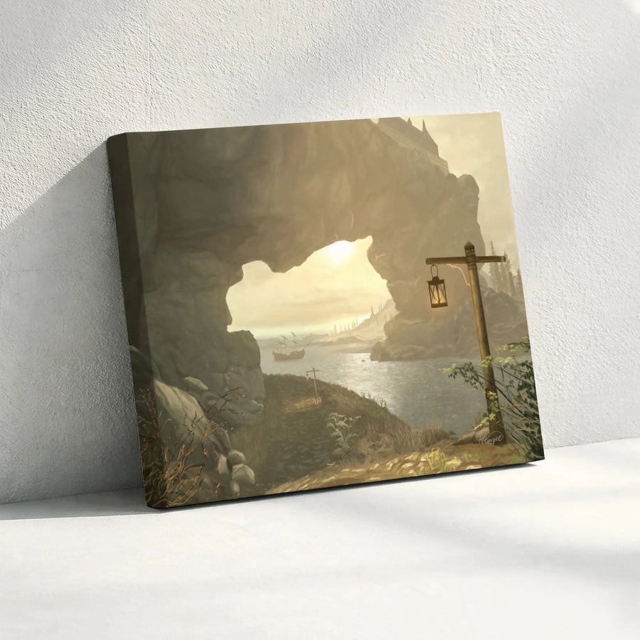 Coastal Cave Landscape Canvas Print | Seascape With Sailing Ship And Lantern | Gallery Quality 1.25" Profile | Atmospheric Home Wall Art