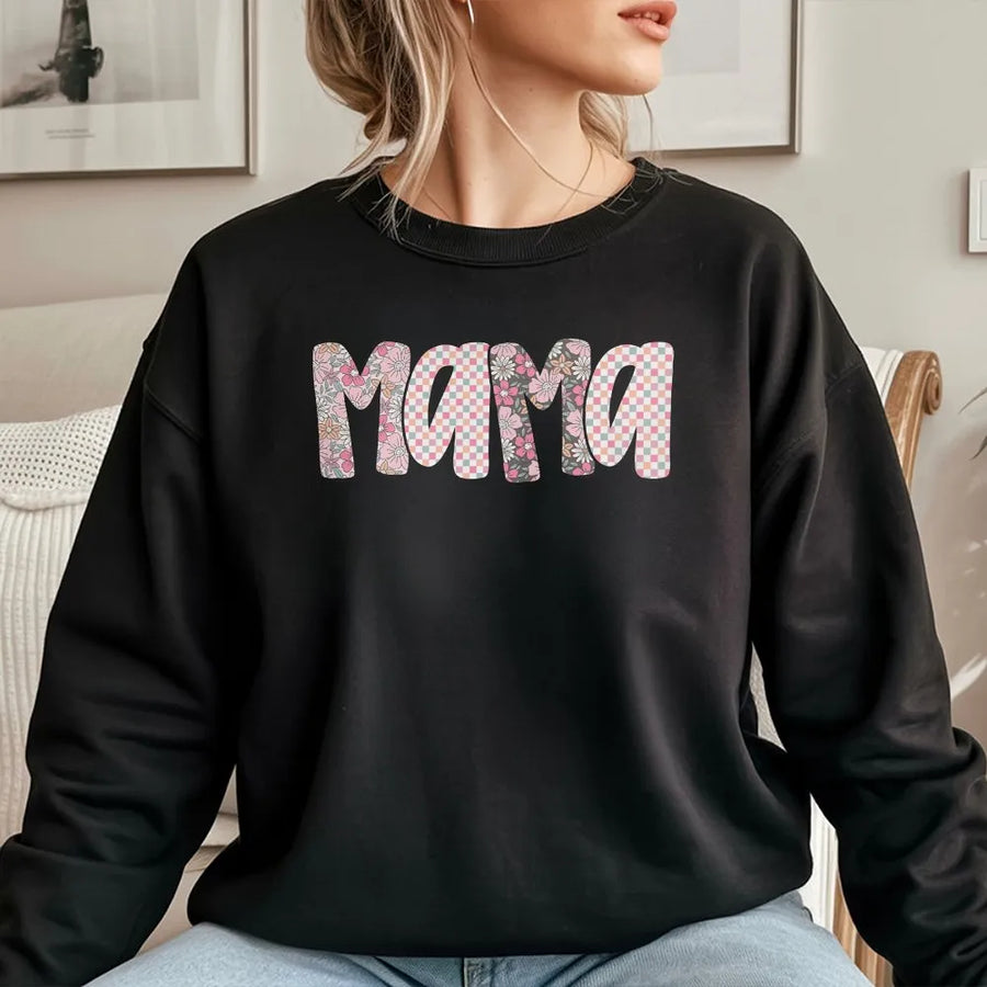 Mama Sweatshirt | Preppy Floral Checkerboard Letters | Premium Cotton Blend | Mothers Day Gift for New Mom