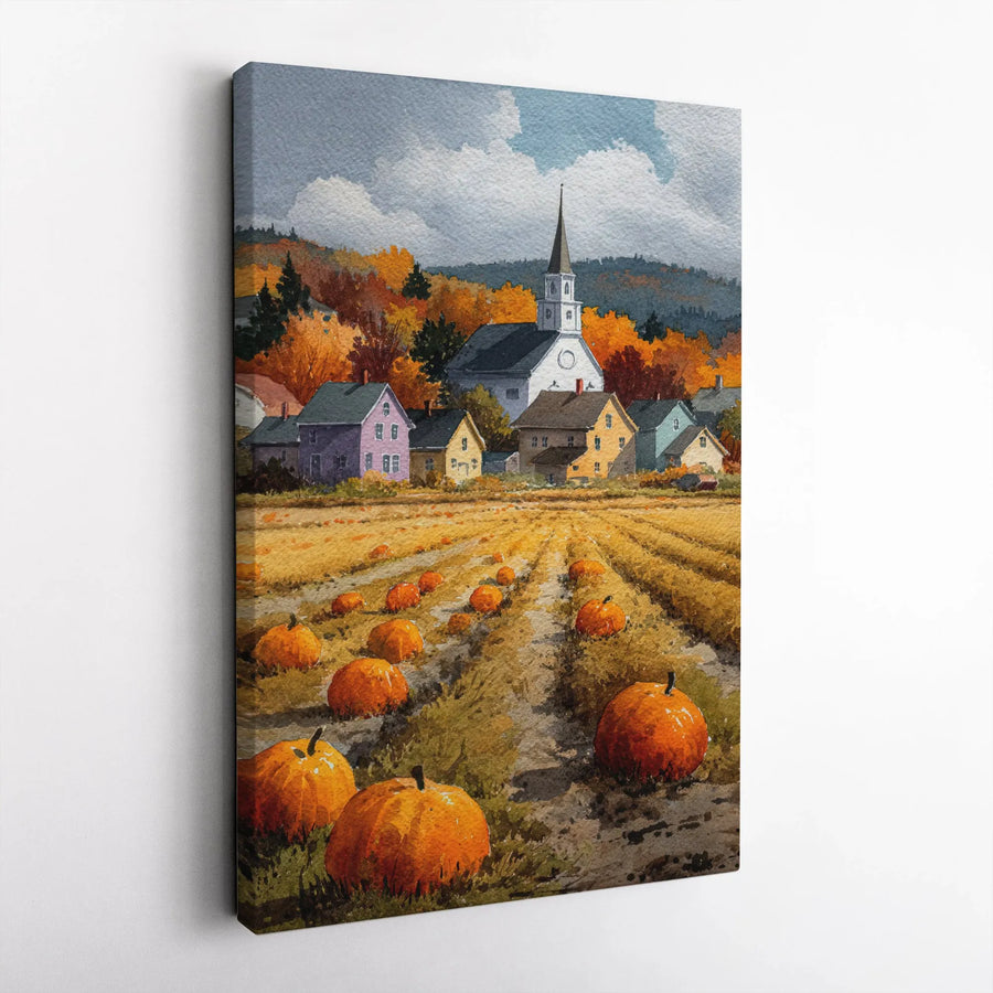 Autumn Pumpkin Patch Wall Art | Watercolor Village Church Landscape | Gallery Wrapped Canvas Decor | Rustic Farmhouse Seasonal Gift