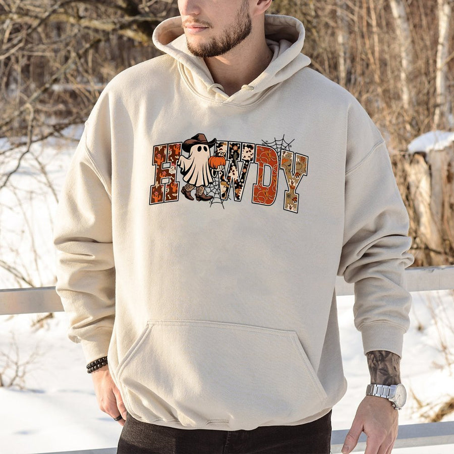 Howdy Ghost Hoodie | Western Cowboy Halloween Print | Soft Cotton-Poly Blend | Spooky Season Fall Gift for Women and Men