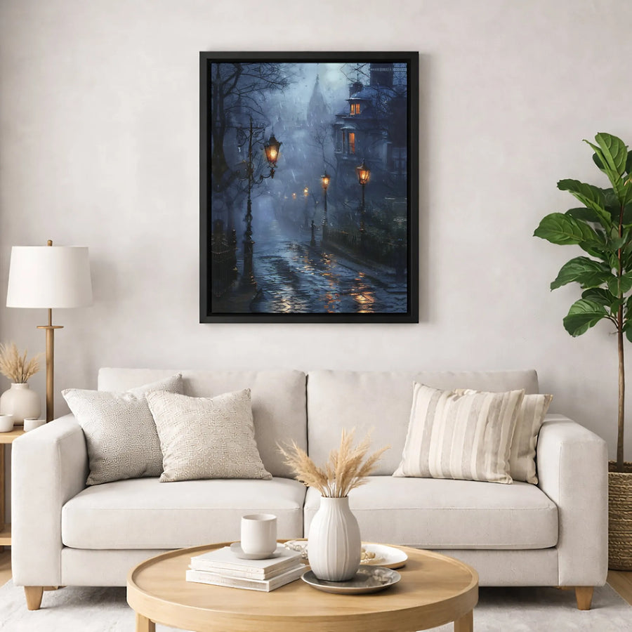 Rainy Night Street Canvas Art | Gothic Cobblestone Lamp Post Print | Premium Gallery-Wrapped Wall Decor | Moody Atmospheric Home Gift