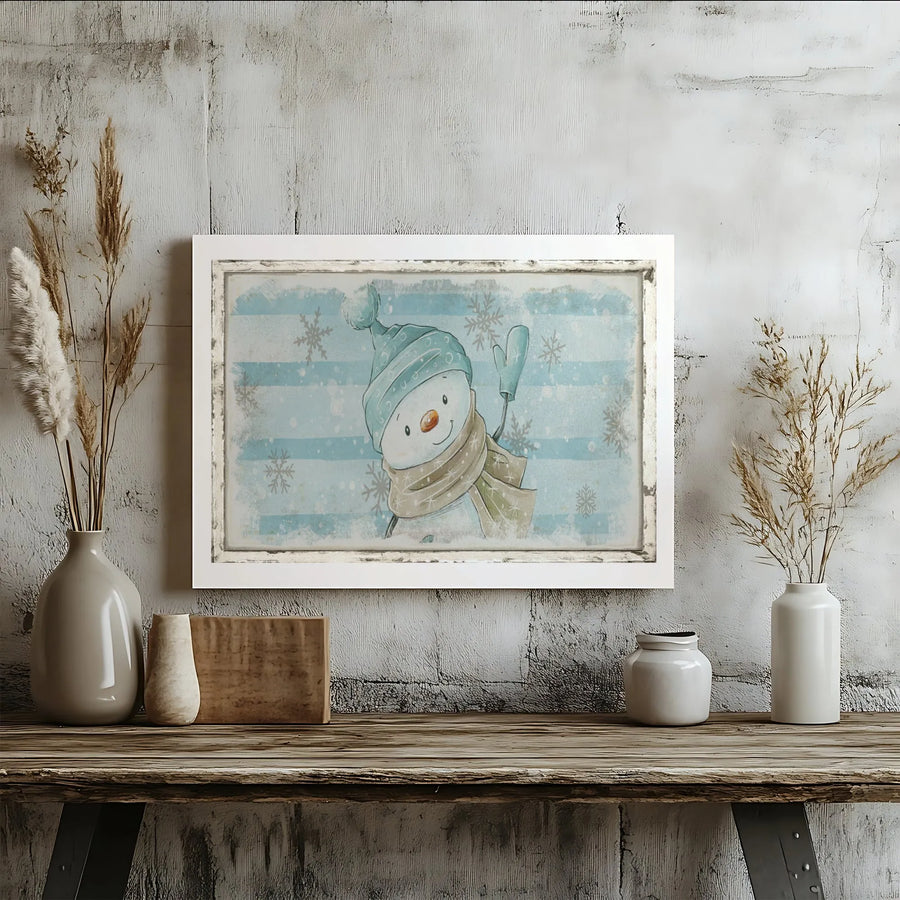 Vintage Snowman Canvas Art | Whimsical Winter Snowflake Wall Decor | Premium Fade-Resistant Gallery Wrap | Festive Christmas Holiday Home Gift