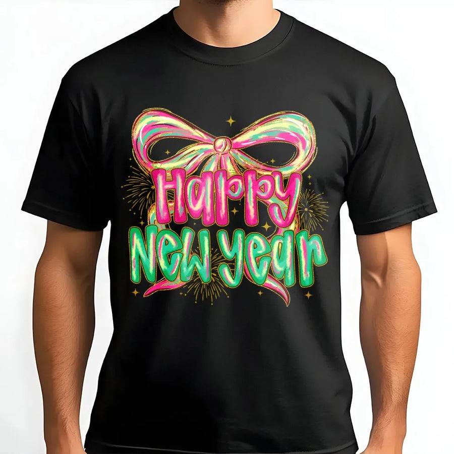 Happy New Year T-Shirt | Neon Bow Fireworks Graphic | 100% Cotton Premium Tee | Festive Holiday Party Gift For Women And Men