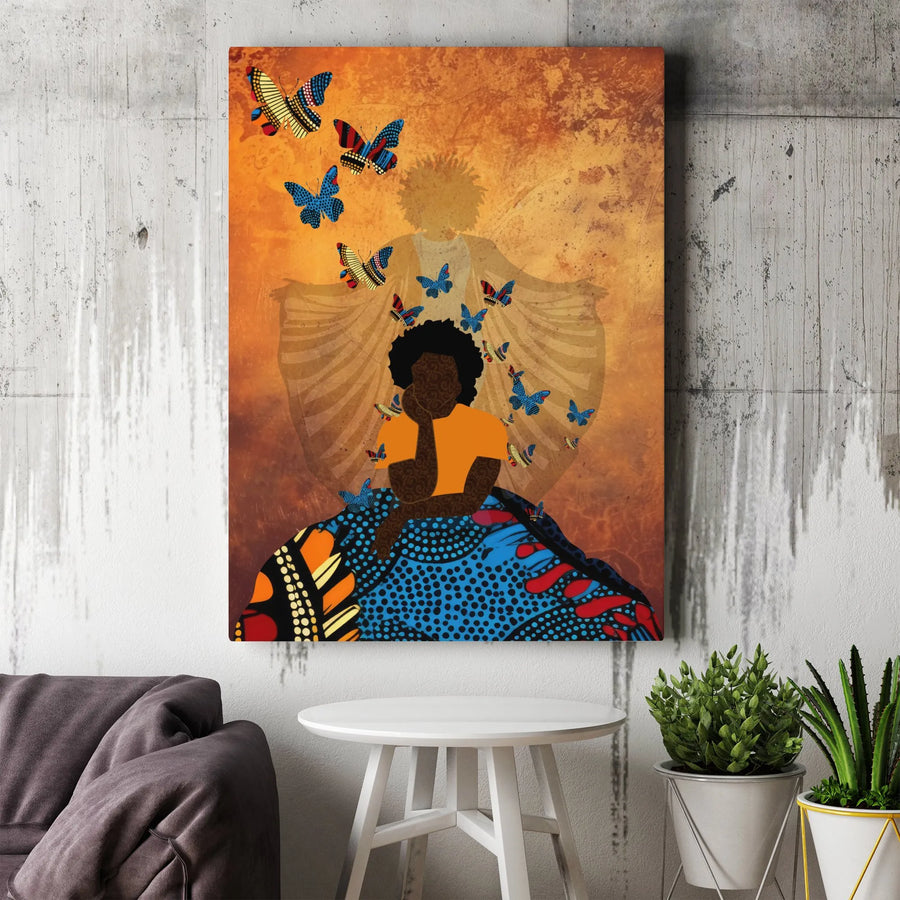 Black Woman Wall Art | Abstract Butterfly Portrait Print | Premium Gallery Wrapped Canvas | Modern Home Decor Gift