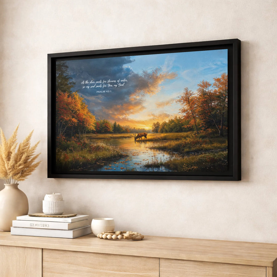 Psalm 42:1 Deer Canvas Wall Art | Serene Sunset Wildlife Landscape | Premium Gallery-Wrapped Print | Inspirational Christian Home Decor Gift