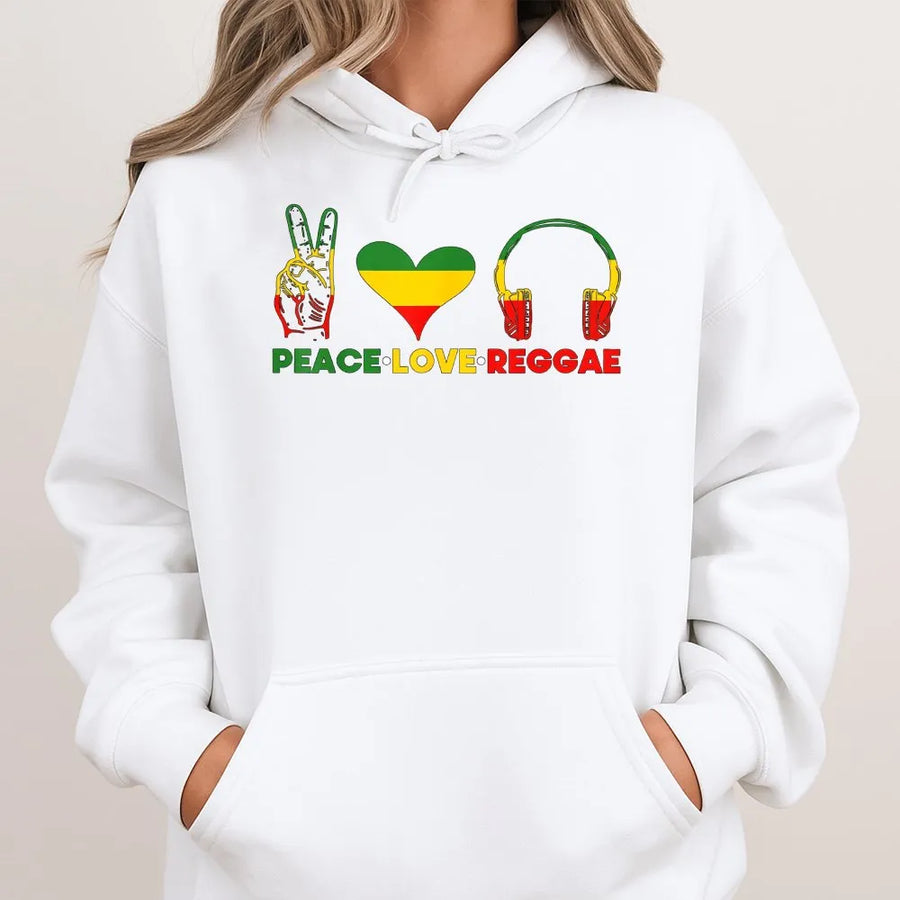 Peace Love Reggae Hoodie | Rasta Music Symbol Graphic | Soft Cotton-Blend Premium Pullover | Unisex Music Festival Gift for Men & Women