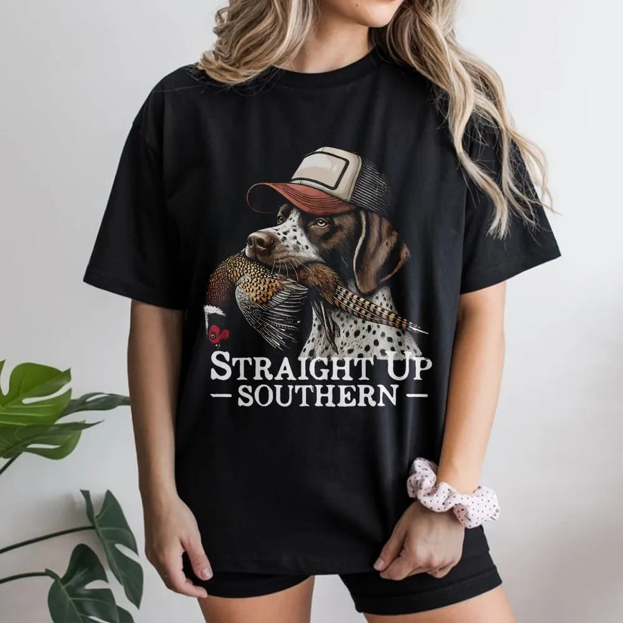 German Shorthaired Pointer T-Shirt | Hunting Dog Wearing Trucker Hat Graphic | Premium 100% Cotton Tee | Gift for Hunters and Bird Dog Lovers