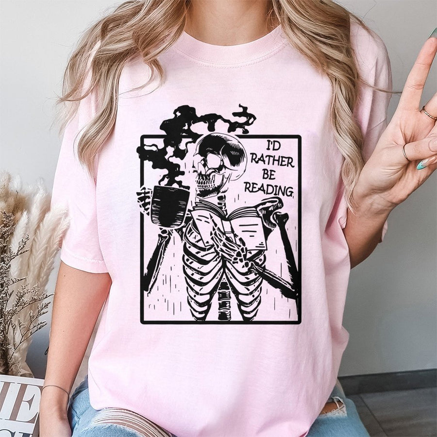 I'd Rather Be Reading Skeleton T-Shirt | Vintage Book Lover Graphic Tee | 100% Cotton Premium Quality | Perfect Gift for Readers & Librarians