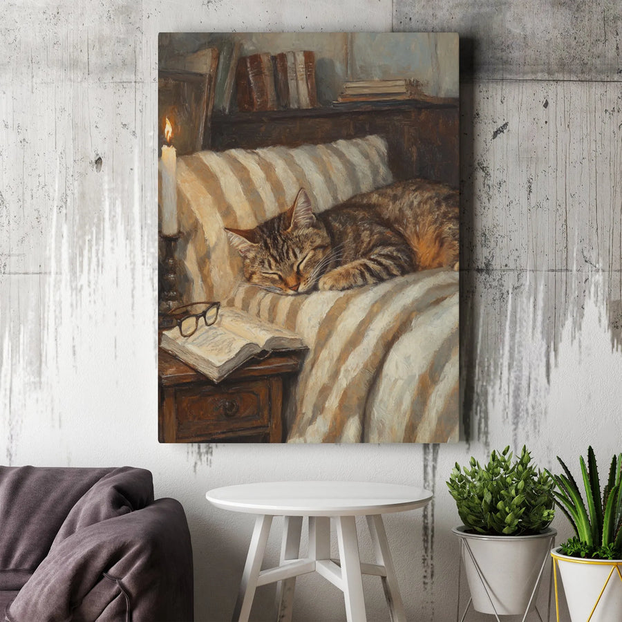 Sleeping Tabby Cat Canvas Art | Cozy Bookstore Aesthetic | Premium Gallery Wrap Wall Decor | Book Lover Gift Idea for Library or Bedroom