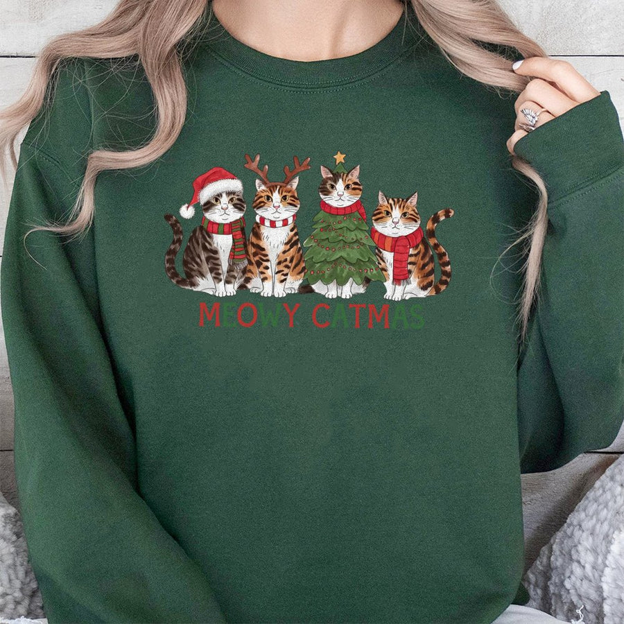 Meowy Catmas Sweatshirt | Cute Christmas Cat Holiday Graphic Design | Premium Cotton Blend Unisex Crewneck | Funny Gift For Cat Lovers